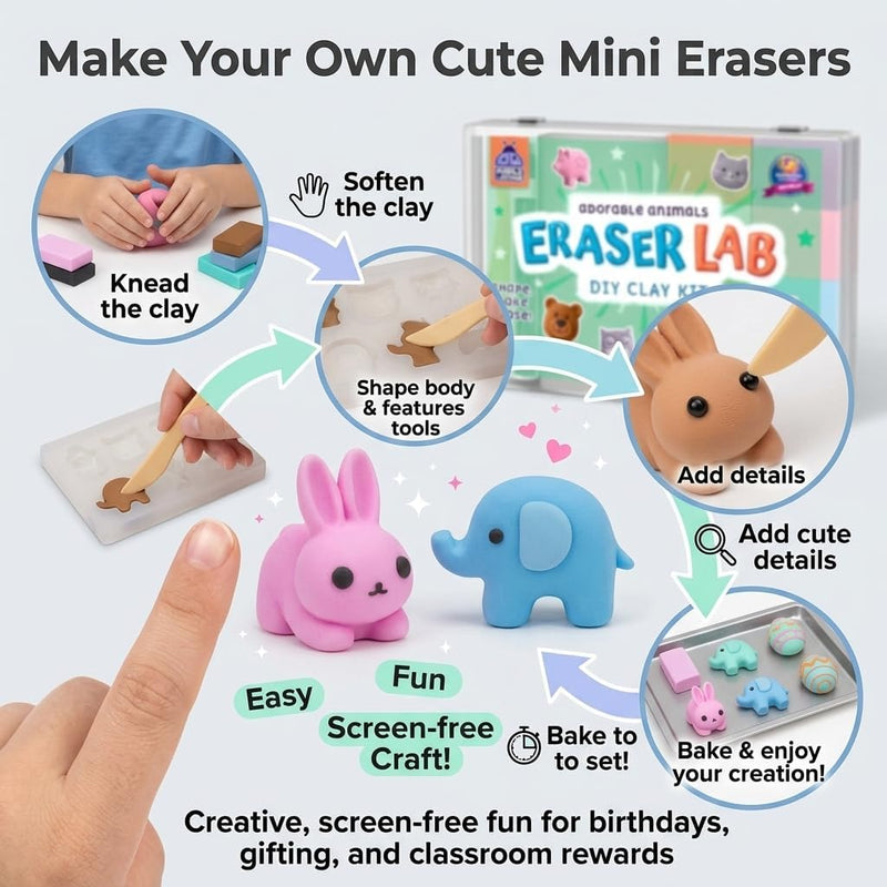 DIY Clay Cute Mini Animal Eraser Kit for Kids Ages 4-12 | Birthday Gifts for Girls & Boys, Students Desk Pet Animals, Make Your Own Erasers, Arts and Crafts