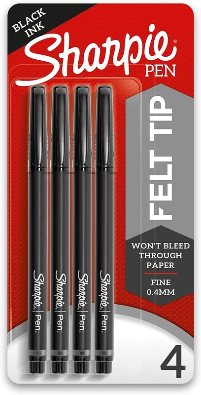 SHARPIE Felt Tip Pens, Fine Point (0.4Mm) Felt Tip Markers, Journaling Pens, Art Markers, Drawing Markers, Black, 4 Count