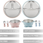 PandaEar 8PCS Baby Feeding Set | Stainless Steel Suction Plates and Bowls with Silicone Fork and Spoon Utensils | Baby Led Weaning Tableware for Toddlers & Kids (Pink & Blue)