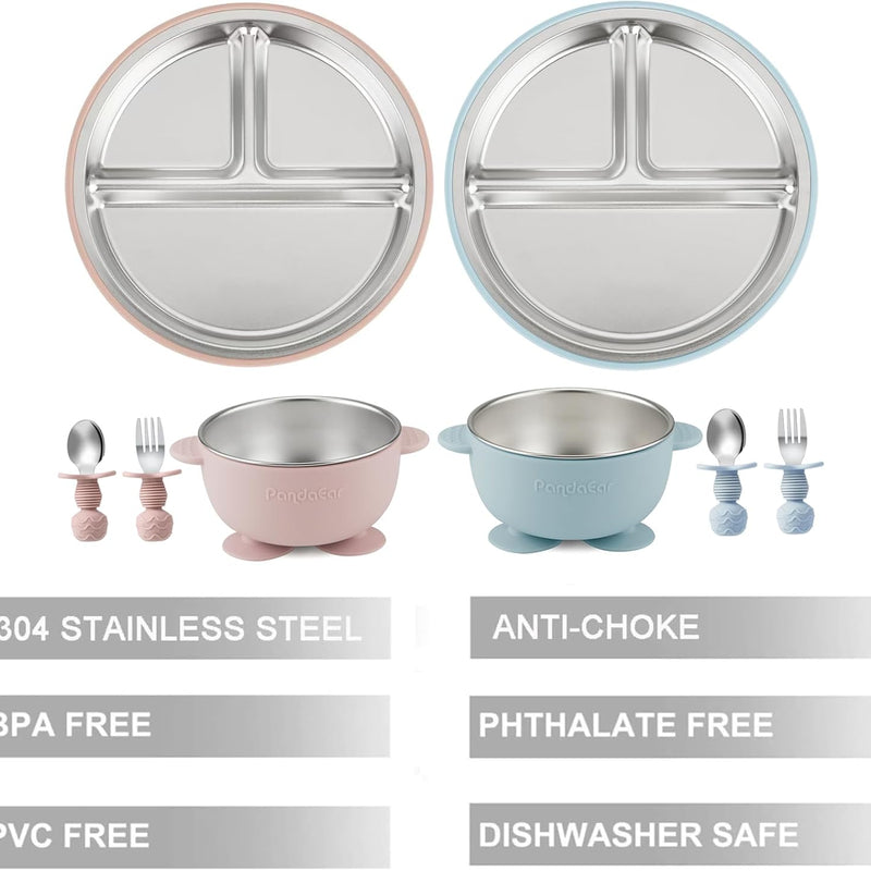 PandaEar 8PCS Baby Feeding Set | Stainless Steel Suction Plates and Bowls with Silicone Fork and Spoon Utensils | Baby Led Weaning Tableware for Toddlers & Kids (Pink & Blue)