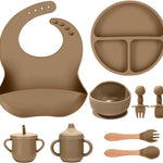 Silicone Baby Feeding Set 9 Pcs, Spill-Proof Suction Plate, Bowl, Bib, Silicone spoon&forks, Wooden Spoons&forks, Training cup with straw and Sippy Cup, Baby Eating Utensils (Green)