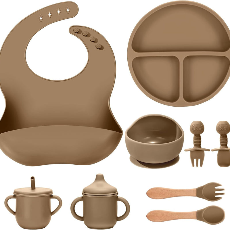 Silicone Baby Feeding Set 9 Pcs, Spill-Proof Suction Plate, Bowl, Bib, Silicone spoon&forks, Wooden Spoons&forks, Training cup with straw and Sippy Cup, Baby Eating Utensils (Green)