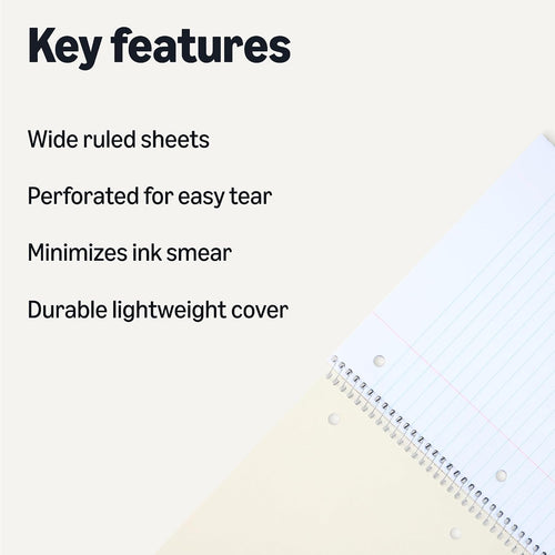 Amazon Basics Wide Ruled Spiral Notebook, For Work and School, 70 Sheets, 8" x 10.5", Assorted Solid Colors, 5 pack