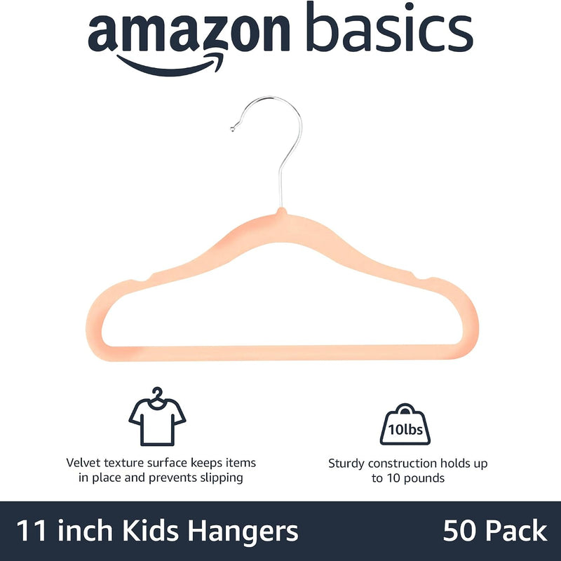 Amazon Basics Kids Space Saving Velvet Non-Slip Clothes Hangers with Shoulder Notches for Infant and Toddler, 11.6", Blush, 50-Pack