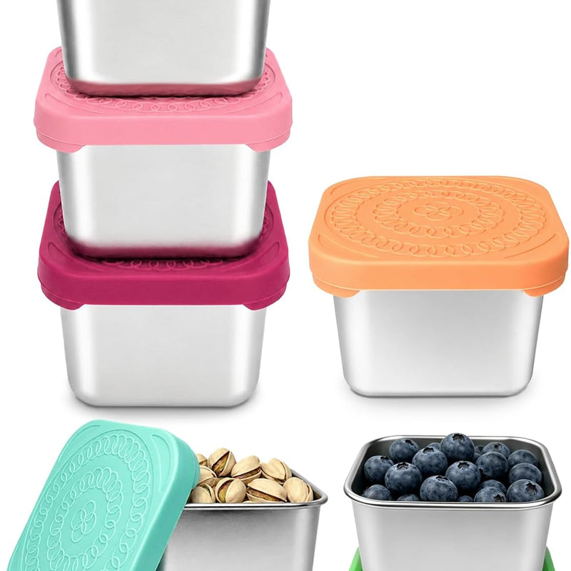 HTEVW 6 Pack Stainless Steel Snack Containers for Kids, 6 oz Toddler Snack Containers with Silicone Lids, Reusable Leak Resistant Food Containers for School Lunch, Daycare, Travel & Portion Control
