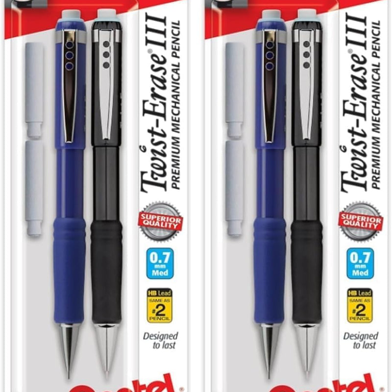 Pentel Twist-Erase III Mechanical Pencil, (0.7mm), Assorted Barrel Colors with 2 Eraser Refills, Pack of 2 (QE517BP2)