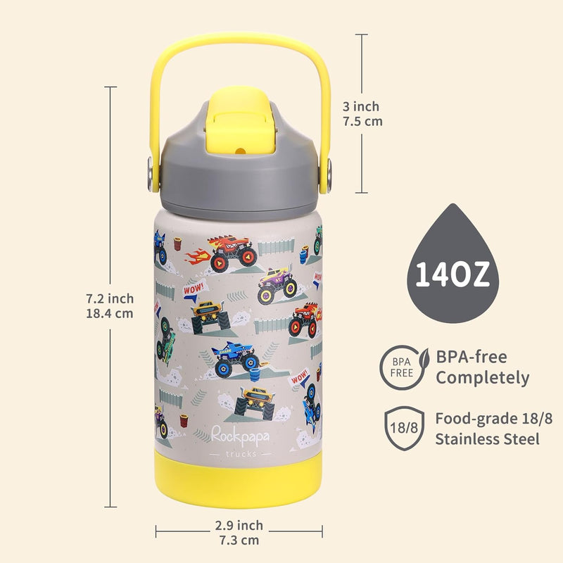 rockpapa 14 oz Kids Insulated Water Bottle，Stainless Steel Toddler Cups with Straws, BPA Free, Leak-Proof, Kids Water Bottle for School Boys& Girls (Grey Trucks)
