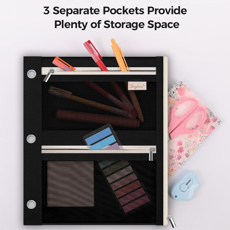 SKYDUE Pencil Pouch for Binder, Pencil Case, 3 Ring Binder Pencil Pouch with 3 Pockets and Mesh Window, Zipper Pencil Pouch, Durable Organizer for School Supplies, Cables, Earbuds, Makeup