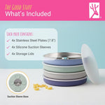 Elk and Friends Kids Stainless Steel Divided Plates with Silicone Suction Sleeves | Lids Included | Suitable for Babies/Toddlers | Dishwasher Safe | Stay Put Dinnerware | Snack Dishes | 4 Pack