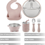 PandaEar 6-in-1 Stainless Steel Baby Feeding Set | Divided Suction Plate, Bowl, Sippy Cup with Straw, Bib, Spoon & Fork | BPA-Free Toddler Feeding Essentials for Self-Feeding (Pink)