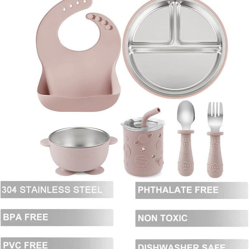 PandaEar 6-in-1 Stainless Steel Baby Feeding Set | Divided Suction Plate, Bowl, Sippy Cup with Straw, Bib, Spoon & Fork | BPA-Free Toddler Feeding Essentials for Self-Feeding (Pink)