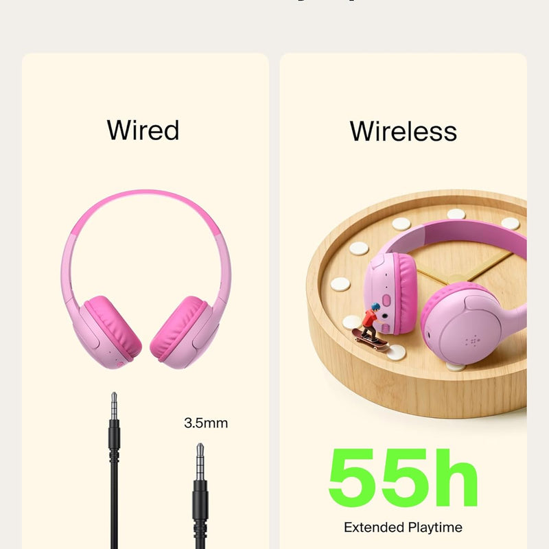 Belkin SoundForm Mini 2 Bluetooth Kids Headphones, On Ear, 55H Battery Life | Toddler headphones, 85dB Volume Limit, Built-in Mic, Wired Connection Option, iPad, Android Tablet, School, Travel