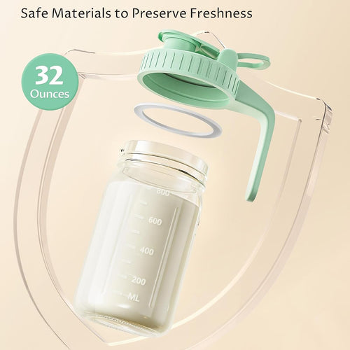 32oz Mason Jar Pitcher, Glass Breast Milk Pitcher with Lid | BPA Free, Airtight, Leak proof, Wide mouth, Pour Spout Lid, Fridge/ Dishwasher safe, Ergonomic handle, Formula container
