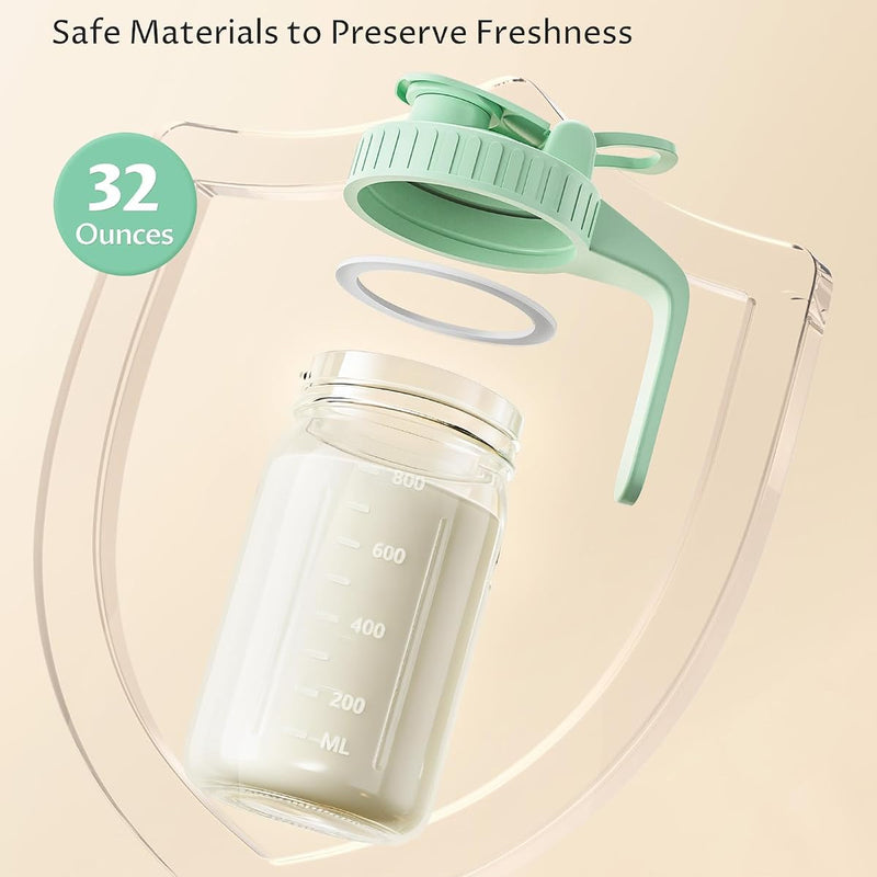 32oz Mason Jar Pitcher, Glass Breast Milk Pitcher with Lid | BPA Free, Airtight, Leak proof, Wide mouth, Pour Spout Lid, Fridge/ Dishwasher safe, Ergonomic handle, Formula container