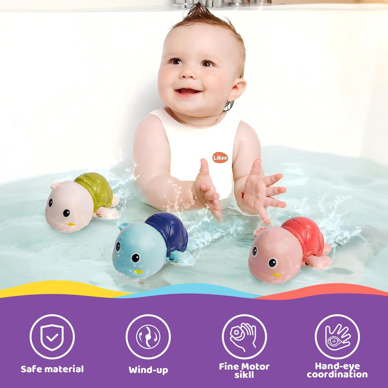 LiKee Bath Toys 3 Pack with 3 Colors | Cute Swimming Turtles Wind Up Toys for Baby Toddlers 1+ Years Old | Floating Bath & Pool Toys for Kids Age 1-3-5 | Baby Shower & Birthday Gift (Boys Girls)