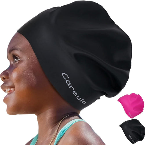 2 Pack Kids Swim Cap for Long Hair, Large Silicone Waterproof Swimming Cap for Age 3-15 Kids Girls Boys Toddler Children Youth Teen, Swim Hat for Braids and Dreadlocks, Keep Hair Dry