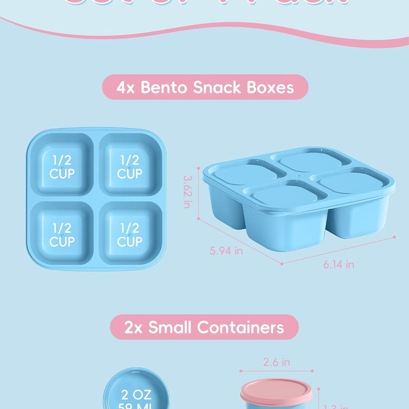 Canfanni 4 Pcs Snack Box Containers Set, Reusable 4 Compartment Lunchable Container with 2Pcs Sauce Containers, Stackable BPA-Free Bento Box for School, Work, Travel (4 Color)