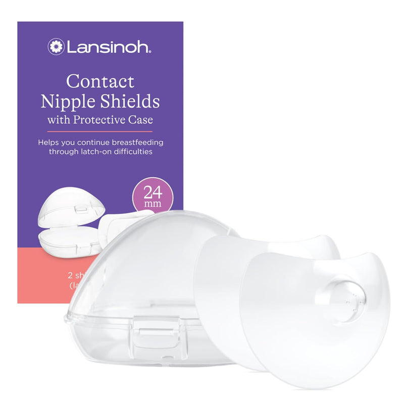 Lansinoh Contact Nipple Shields for Nursing Mothers, Ultra-Thin Soft & Flexible Silicone Shields for Sensitive Nipples and Latch-On Support, (1 inch or 24mm), with Case, 2 Count
