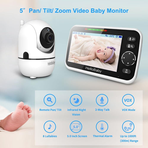 HelloBaby No WiFi Baby Monitor 5" Screen 30-Hour Battery Pan-Tilt-Zoom Video Upgrade with Camera and Audio, Night Vision, VOX, 2-Way Talk, 8 Lullabies and 1000ft Range, HB6550