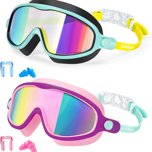 Seago Swim Goggles 2 Pack Anti-Fog Anti-UV Wide View Swimming Goggles for Kids 3-14