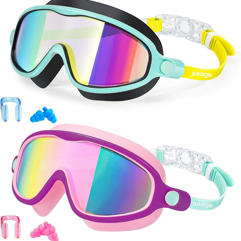 Seago Swim Goggles 2 Pack Anti-Fog Anti-UV Wide View Swimming Goggles for Kids 3-14