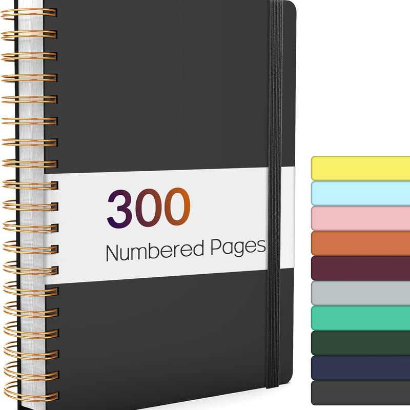 Forvencer Lined Spiral Journal Notebook with 300 Numbered Pages, B5 College Ruled Thick Journals for Writing with 100GSM Paper, Hardcover Notebooks with Contents for Work, School, Women, Men, Black