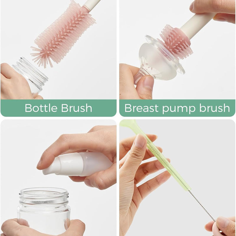 Momcozy 7-in-1 Baby Bottle Brush Set with Drying Rack, Pink | Silicone Nipple Straw Brushes, Soap Dispenser Storage Box, Foldable Drain Rack, Portable Bag, BPA-Free, Home & Travel