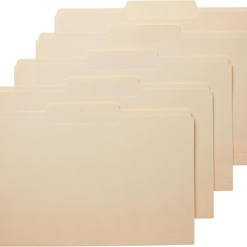 Amazon Basics Sturdy File Folders with Reinforced Tabs for Filing and Organization, 1/3-Cut Tab, Assorted Positions, Letter Size, 8.5x11 inches, Manila, 100-Pack