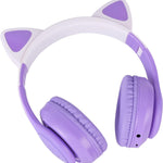 Cat Ear Kids Headphones Bluetooth, LED Light up Wireless/Wired Mode Over Ear Headphones with Build in Microphone for School/Travel (Purple)