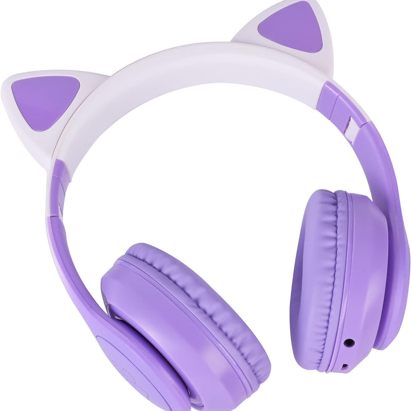 Cat Ear Kids Headphones Bluetooth, LED Light up Wireless/Wired Mode Over Ear Headphones with Build in Microphone for School/Travel (Purple)