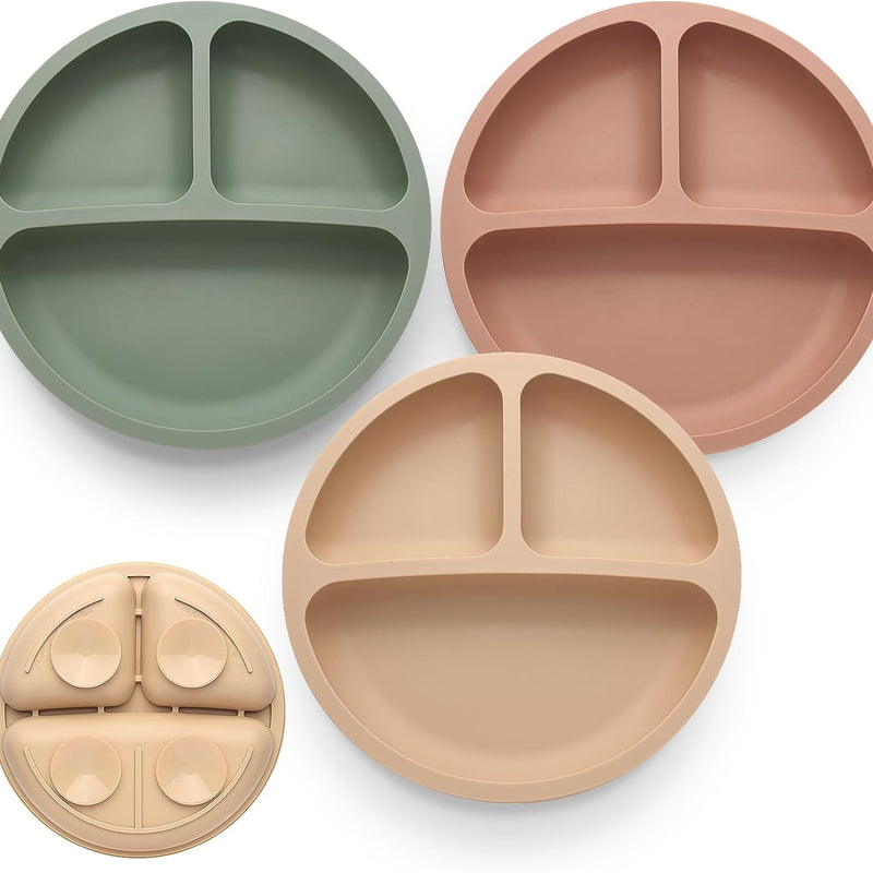 Eascrozn Toddler Plates 3 Pack, Divided Suction Plates for Baby | BPA Free, Food Grade Silicone Baby Plates, Non-Slip, Baby Led Weaning Supplies, Microwave and Dishwasher Safe