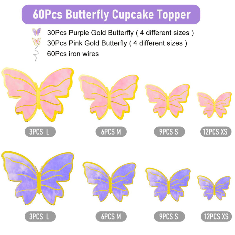 60Pcs Butterfly Cupcake Toppers: Vibrant 3D Decorations for Cakes, Desserts, and Parties