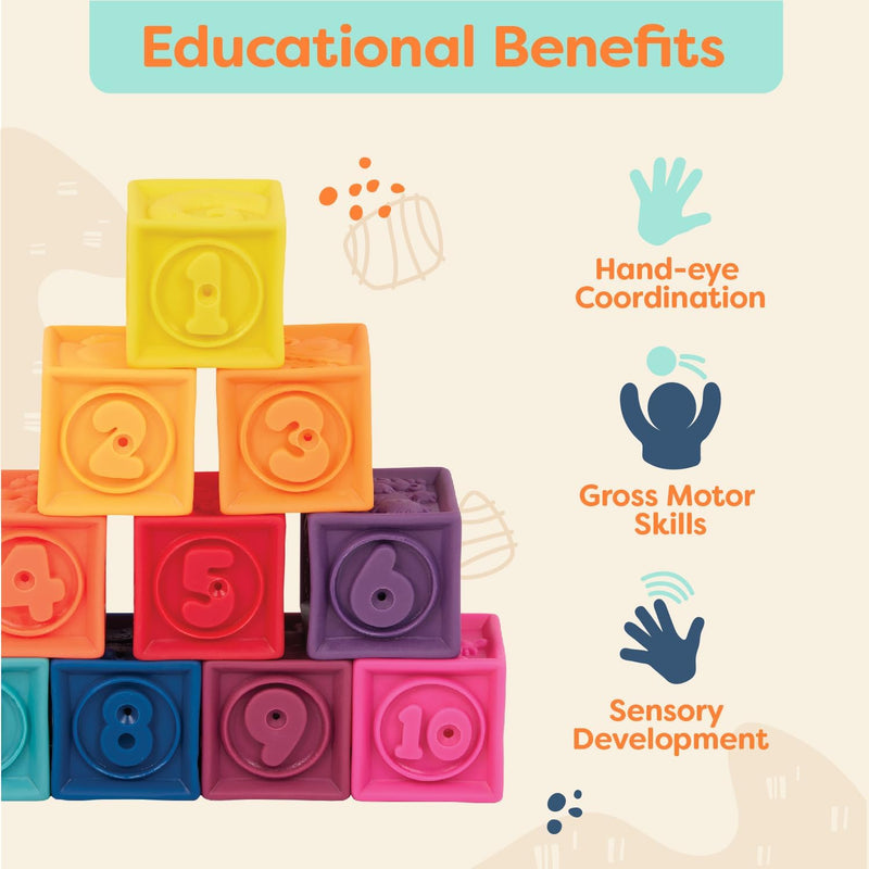 B. toys, One Two Squeeze Soft Building Blocks, 10 Pack, Blocks - 1, Baby | 10 soft blocks with numbers, shapes, colors, and animals; textured block play with reusable bag, Blocks - 1, Baby; 6+ Months