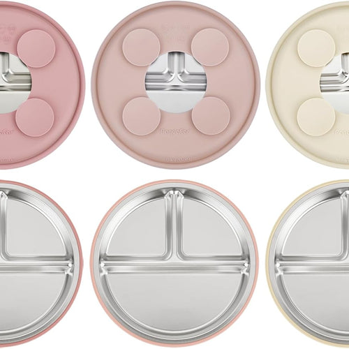 PandaEar 3 Pack Stainless Steel Baby Suction Plates, Divided Toddler Plate for Baby Led Weaning Supplies, Non-Slip Toddler Baby Feeding Set Dishwasher Safe (Pink/Linen/Light Pink)