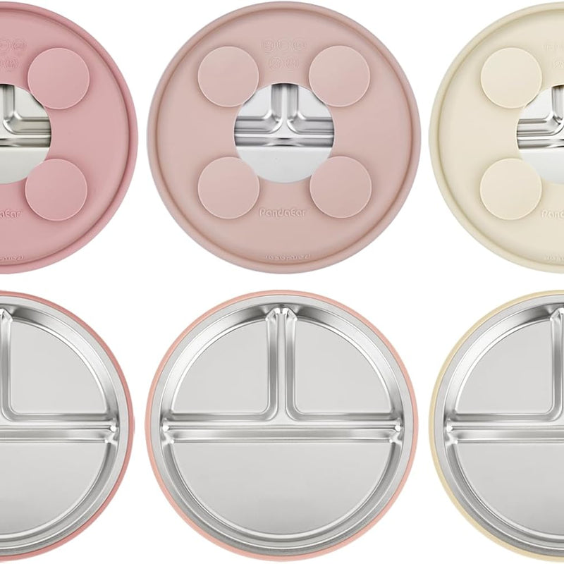 PandaEar 3 Pack Stainless Steel Baby Suction Plates, Divided Toddler Plate for Baby Led Weaning Supplies, Non-Slip Toddler Baby Feeding Set Dishwasher Safe (Pink/Linen/Light Pink)
