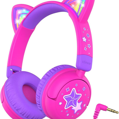 Cat ear headphones with led light up and 85dBA safe volume for kids, foldable and wireless compatible