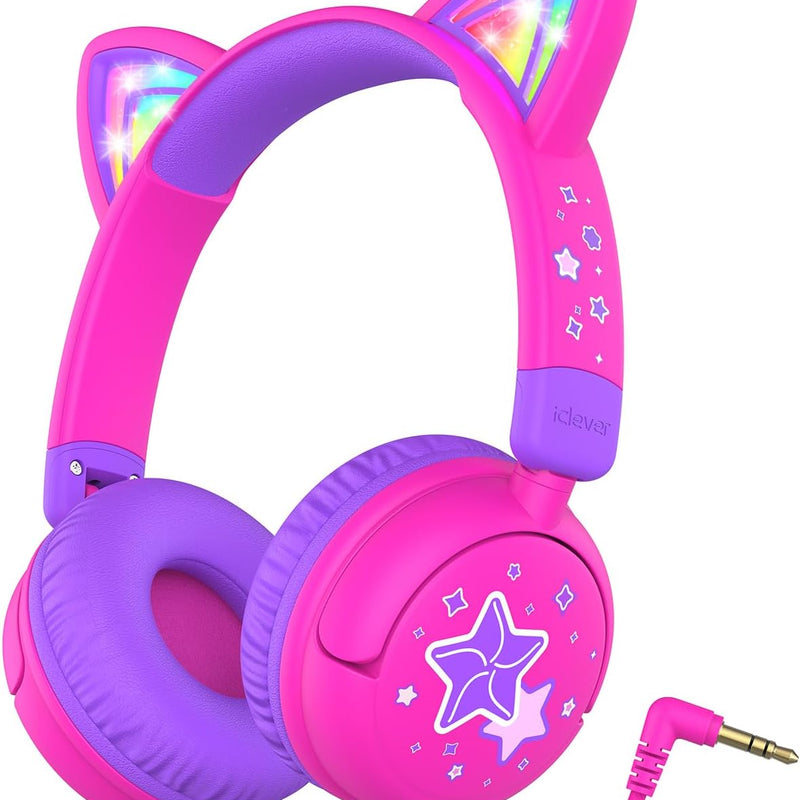 Cat ear headphones with led light up and 85dBA safe volume for kids, foldable and wireless compatible