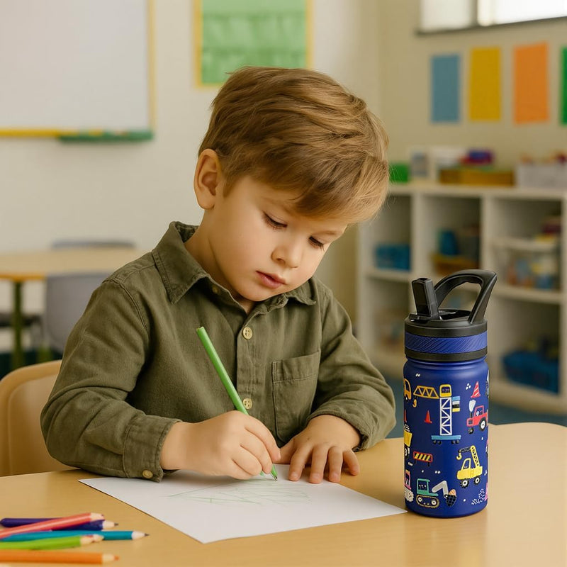 Fanhaw 14 oz Kids Water Bottle for School, Insulated Water Bottle with Straw Lid, Stainless Steel Vacuum Insulated Bottle for Boys & Girls, Leak-Proof, BPA Free(Blue - Under Construction)