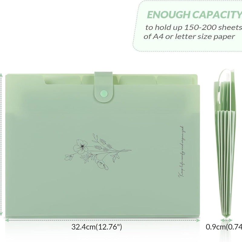 SKYDUE Expanding File Folder with 5 Pockets, Aesthetic Accordion File Organizer, Portable Document Paper Bill Receipt Organizer, School Office Supplies, Letter/A4 Size, (1, Pea Green)