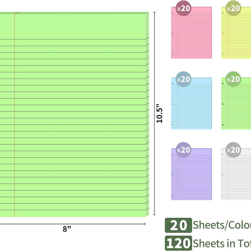 120 Sheets Loose Leaf Binder Paper, 6-Color Wide Ruled Lined Paper, 8” x 10.5”, 3-Hole Punched Notebook Paper Writing Paper for School Office