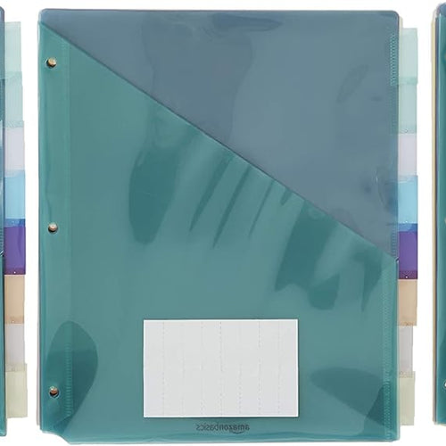 Amazon Basics Tab Dividers for 3 Ring Binder, Two Pocket, Letter Size, Transparent Assorted Colors, 24 Count