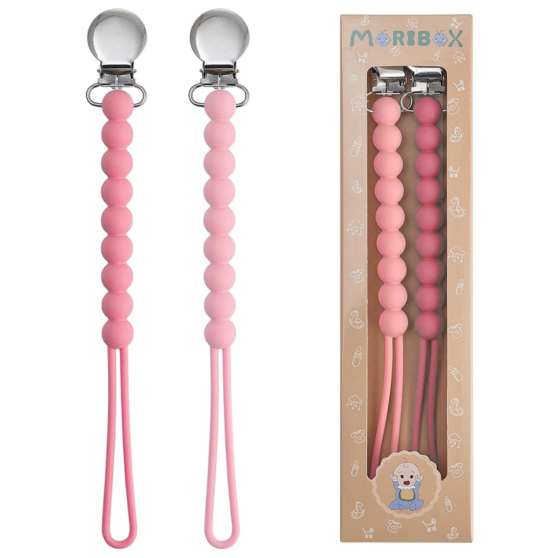 Pacifier Clips Baby Girls - MORIBOX Paci Clip Soothe Baby Binky Holder for Shower Birthday Gift 2 Pack | Food Grade Silicone, One Piece Design, Soother Binky Holder, Teething Relief, Baby Shower, Birthday, Christmas, Baby Registry