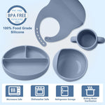 Silicone Baby Feeding Set 14 Pcs, Baby Led Weaning Set, 6M+, Blue Gray | Self-Feeding Utensils, Divided Plate, Suction Bowl, Bib, Cup, Finger Brush, Training Spoons, Microwave and Dishwasher Safe