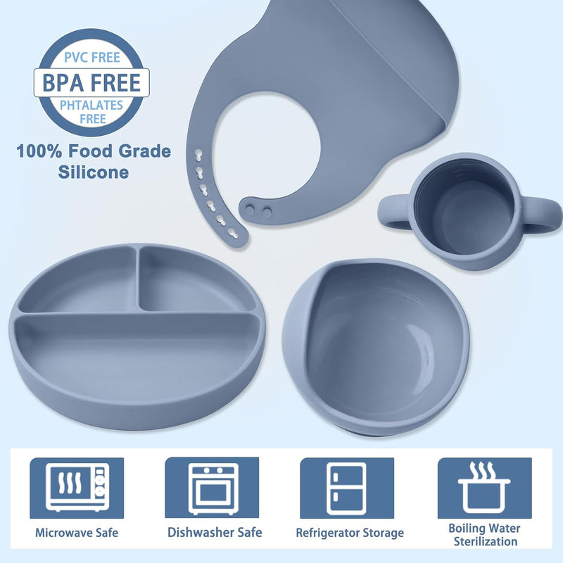Silicone Baby Feeding Set 14 Pcs, Baby Led Weaning Set, 6M+, Blue Gray | Self-Feeding Utensils, Divided Plate, Suction Bowl, Bib, Cup, Finger Brush, Training Spoons, Microwave and Dishwasher Safe