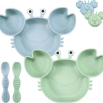 PandaEar 2 Pack Silicone Suction Plate for Baby, Divided Unbreakable Toddler Food Plate with 2 Pack Spoons for Self Feeding, Toddler Utensils Feeding Set Baby Eating Supplies, Crab Shape -Blue&Green
