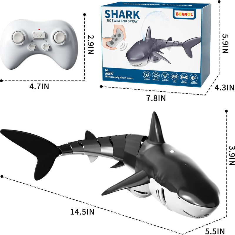 Bennol 1:18 scale 2.4GHz RC shark toys for kids with light and spray water functions, waterproof design