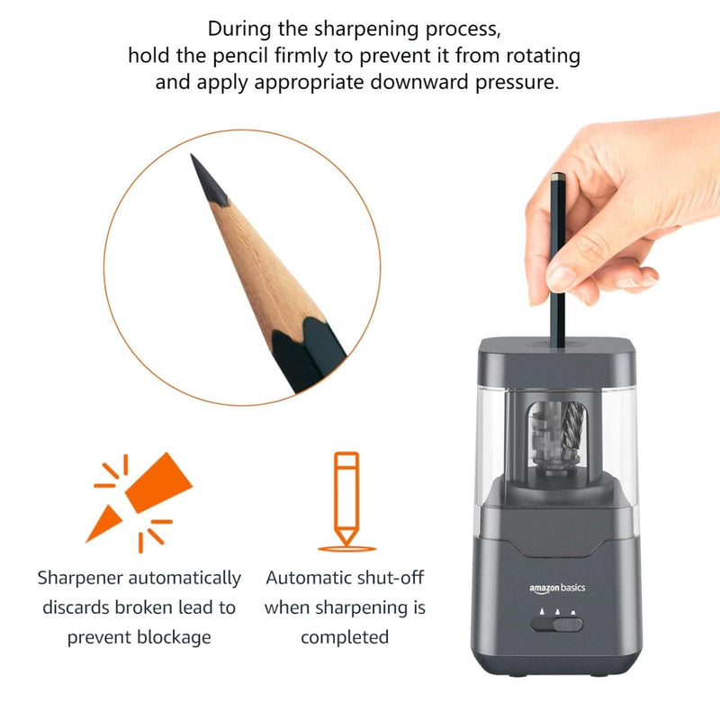 Amazon Basics Portable Electric Pencil Sharpener, Easy to Use, Versatile, Helical Blade, Auto Stop, Battery/USB Cord Operated, Black, 2.87 x 2.87 x 5.3 in