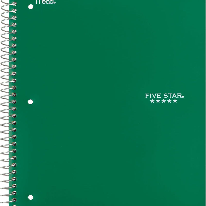 Five Star Spiral Notebook + Study App, 3 Subject, Wide Ruled Paper, 8" x 10-1/2", 150 Sheets, Fights Ink Bleed, Water Resistant Cover, Forest Green (73176)