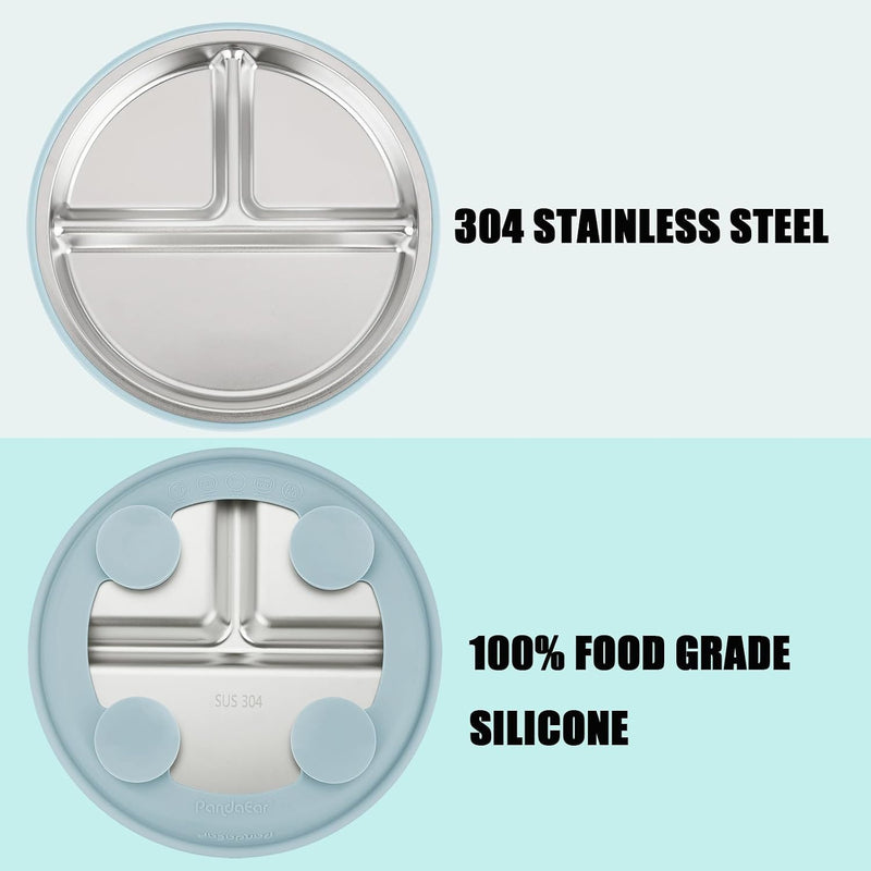 PandaEar 2 Pack Stainless Steel Baby Suction Plates & 2 Pack Spoons, Toddler Utensils Baby Feeding Set, Divided Plates for Baby Led Weaning Supplies, BPA-Free (Blue/Green)