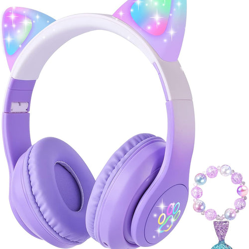 Cat Ear Kids Headphones Bluetooth, LED Light up Wireless/Wired Mode Over Ear Headphones with Build in Microphone for School/Travel (Purple)